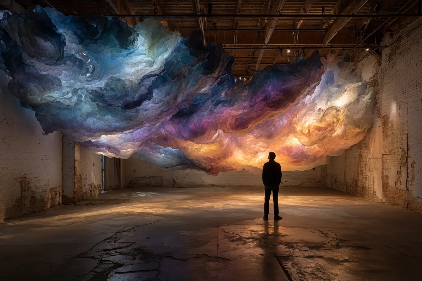 A visitor beneath a vast suspended cloud installation