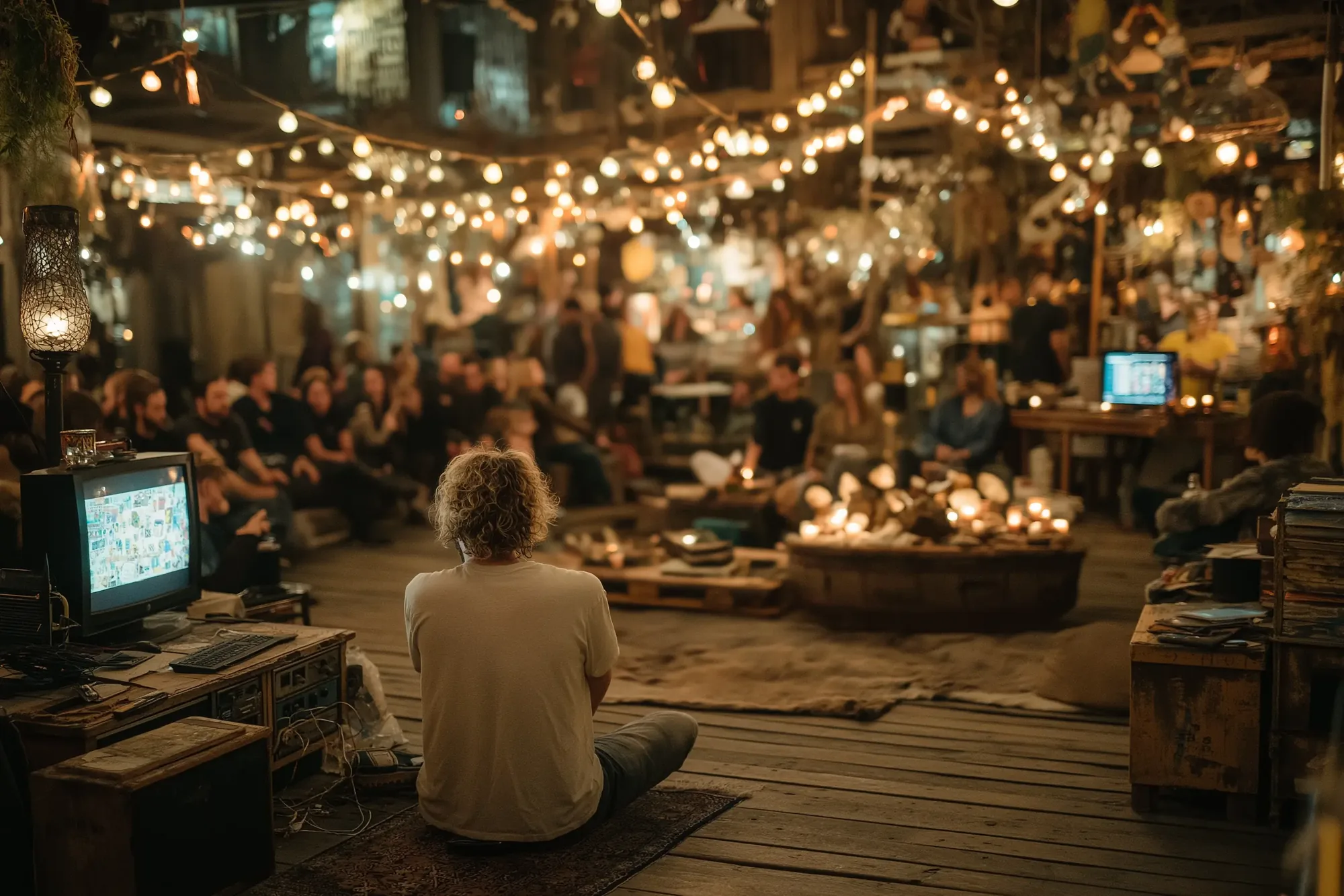 A late-night circle of collaborators in a loft