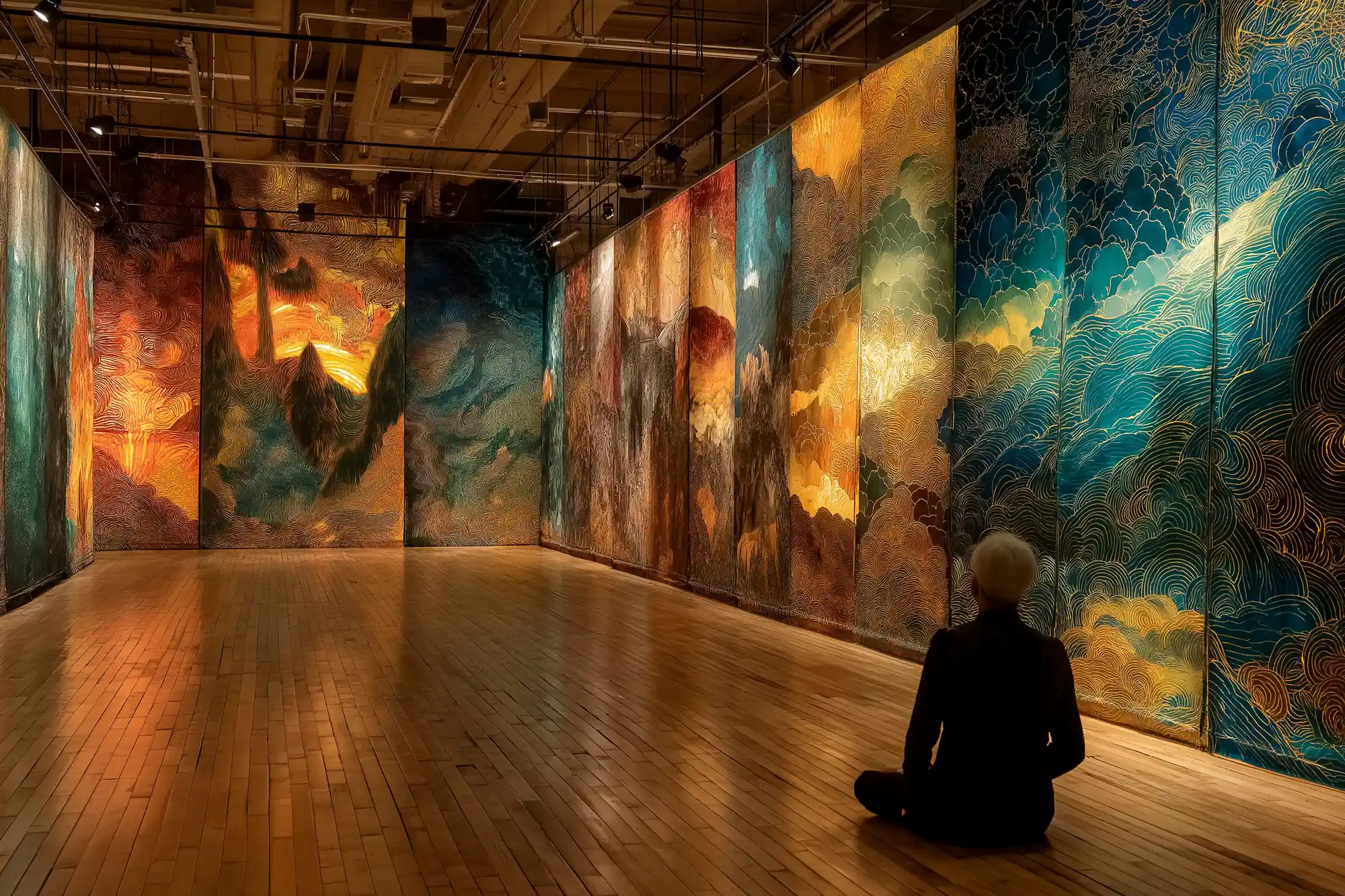 A visitor sitting before a room of large painted panels