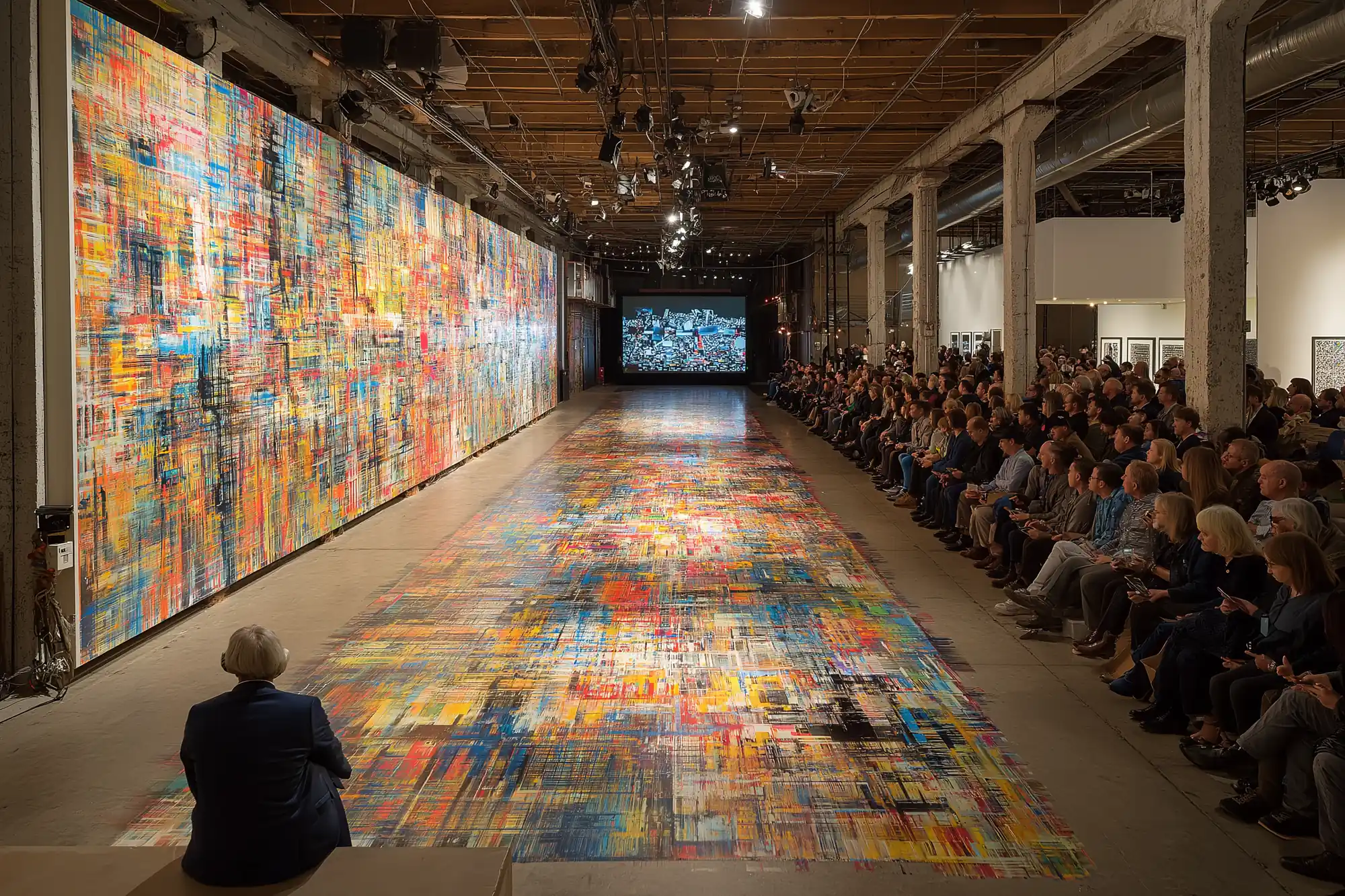 An audience seated along a vast painted floor in a converted warehouse
