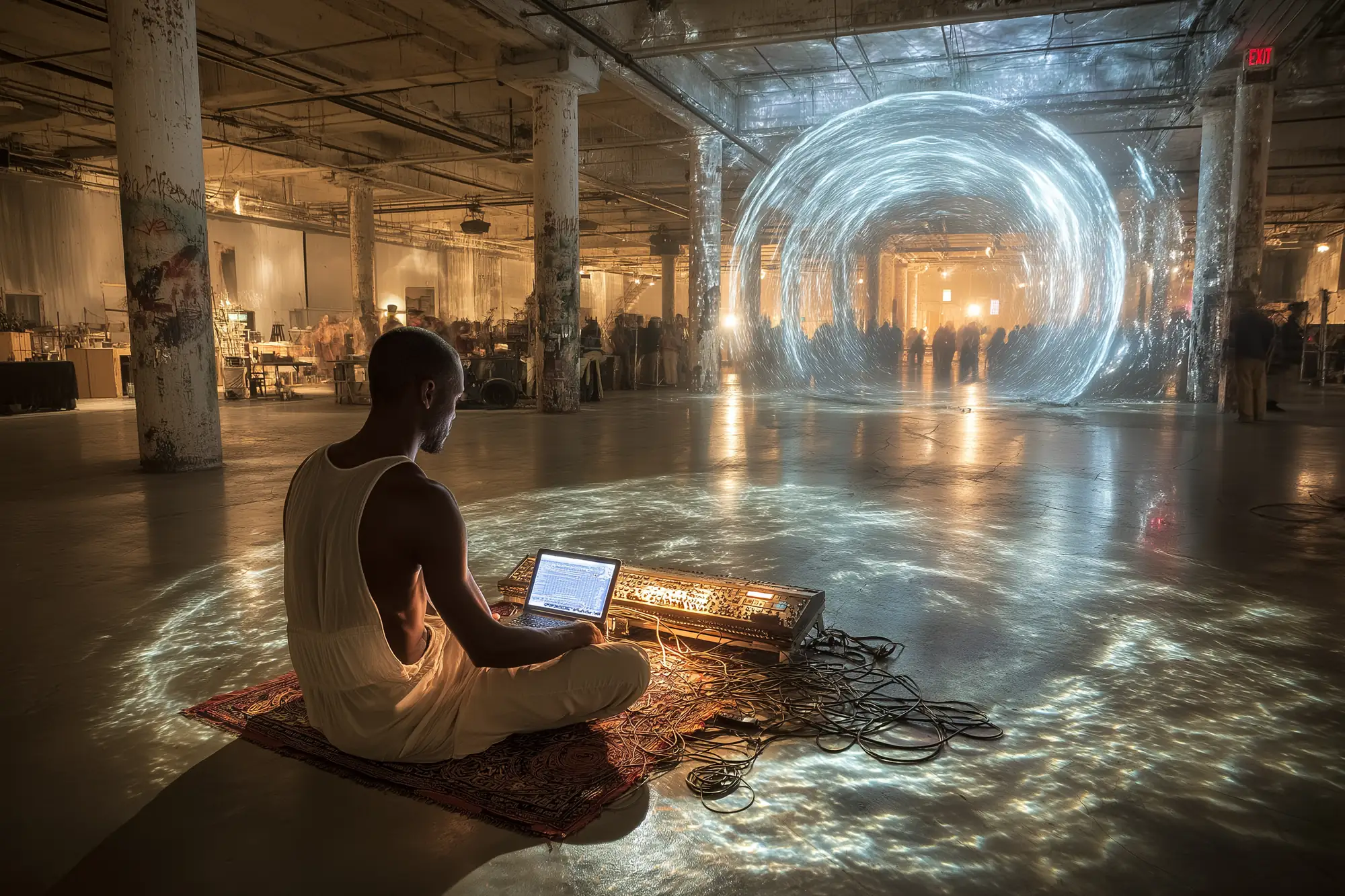 A performer at a console before a vortex of light in a warehouse